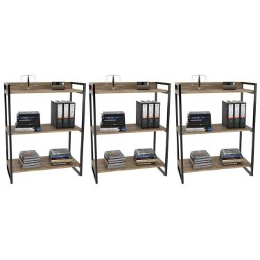 Imagem de Kit 3 Estantes Livreiro Multiuso Prisma Estilo Industrial 80cm 3 Prateleiras C08 Carvalho