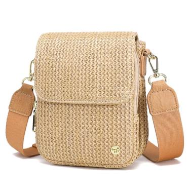 Imagem de Bolsas transversais pequenas de palha RFID para mulheres 2025 bolsas modernas de verão com compartimento triplo para celular para mulheres, Cáqui puro, Small