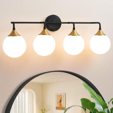 Imagem de Ritakcdn Luminárias De Banheiro Ritakcdn, 4 Luzes Penteadeira Em Preto E Dourado Sobre O Espelho, Arandela Parede Moderna Estilo Fazenda Com Cúpulas Vidro Branco Leitoso