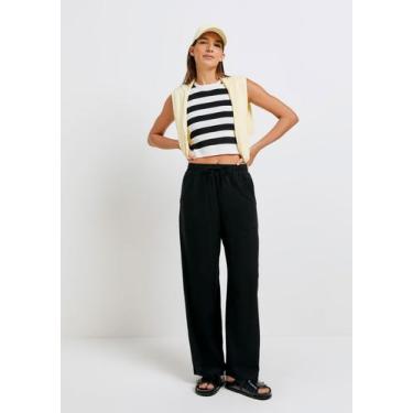 Imagem de Calça Feminina Reta Cintura Alta Com Linho - Hering, G, Preto