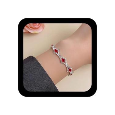 Imagem de TseanYi Pulseira de mão quadrada Bohemia CZ prata rubi pedra corrente de mão brilhante CZ pulseira de tênis casamento diamante corrente joias para mulheres