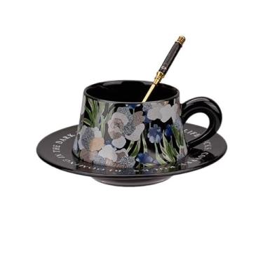 Imagem de Caneca de café de cerâmica Caneca de cerâmica com padrão íris vintage e pires caneca café alto valor chá da tarde, 260ml(Preto)