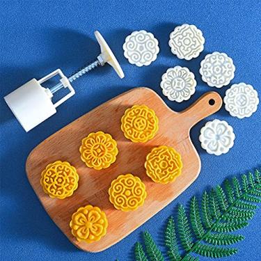 Imagem de PIXRIY Molde para bolo de lua com 6 carimbos, festival de outono médio com pressão manual, molde para bolo de lua, 50 g, moldes para decoração "faça você mesmo" (redondo)