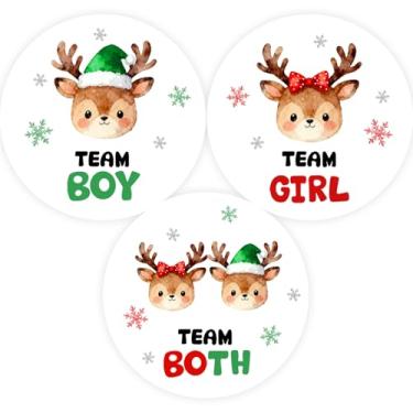 Imagem de 60 peças de adesivos de revelação de gênero de rena de Natal, adesivos de equipe, menino, equipe, menina, equipe, meninas, rótulos de jogo de votação para festas de chá de bebê Oh Deer