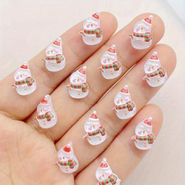 Imagem de 20 peças de kits de decoração de unhas de boneco de neve de resina - design fofo de desenho animado de Natal (chapéu vermelho e cachecol xadrez) | Parte traseira plana para arte de unhas DIY
