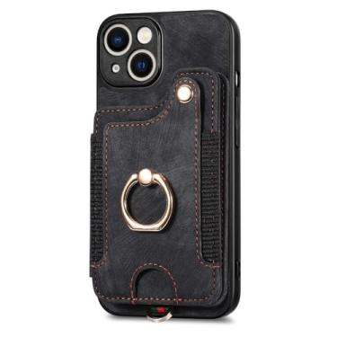 Imagem de Capa de telefone com suporte de anel para iPhone 13 12 Mini 15 14 11 Pro XS Max XR X 8 Plus Carteira magnética com alça para cartão, capa de couro flip, preta, para iPhone 7Plus (8Plus)