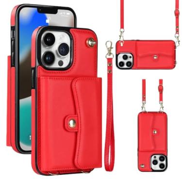 Imagem de Cordão crossbody carteira caso de telefone para iphone 15 14 13 12 11 pro xs max xr x plus caso com slot para cartão bolsa de couro, vermelho, para iphone 15