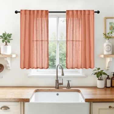 Imagem de YoungsTex Cortinas semitransparentes de linho terracota 101 cm de comprimento - Cortinas de cozinha laranja queimado com filtro de luz com bolso traseiro para varão, privacidade para janelas de café