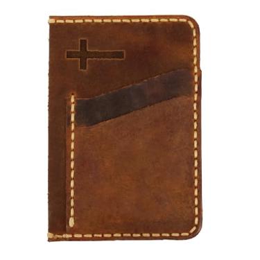 Imagem de Carteira cristã de couro genuíno feita à mão com design de cruz estampada – carteiras cristãs minimalistas para homens — carteira masculina com bolso frontal fino — ideia de presente durável (grande)
