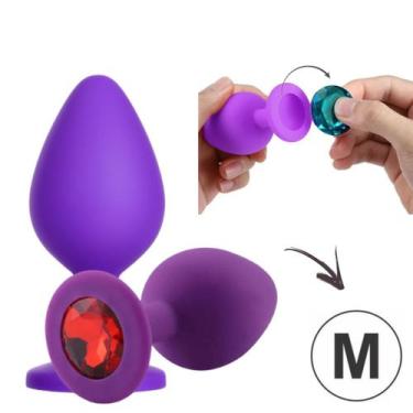 Imagem de Plug Anal Médio 8x3,5Cm Silicone Flexível Roxo Pedra Removível - Libb