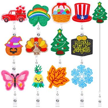 Imagem de 12 peças de carretéis de crachá de feltro retrátil para enfermeira, cartão de nome, clipe de crachá de identificação com clipe de jacaré para crianças, escritório, funcionários, festivais de Natal, funcionários, médico, itens decorativos