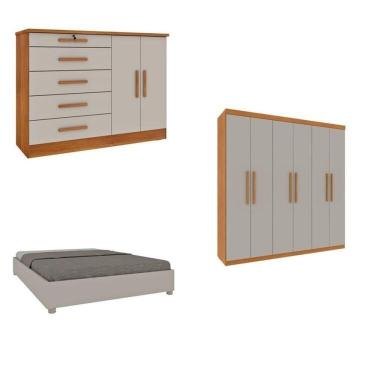 Imagem de Quarto Casal Completo Guarda-roupa Lima, Cama Mônaco E Cômoda Istambul Espresso Móveis Cinamomo-off White