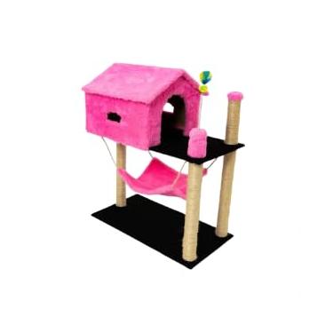Imagem de Arranhador para Gatos com Casinha e Rede, 84 cm Altura x 61 cm Comprimento, Base Dupla, 4 Postes com Sisal (Pink)
