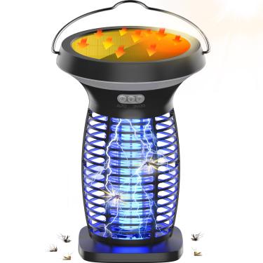 Imagem de okk Mata-moscas ao ar livre, exterminador de mosquitos de 4200 V, exterminador de moscas com luz e solar, impermeável, recarregável, armadilha elétrica portátil para pátio, jardim, quintal e