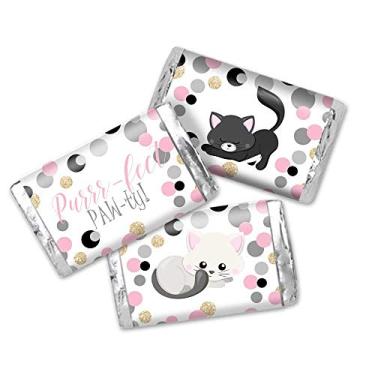 Imagem de Embalagem de adesivos com tema de gatinho de bolinhas para festa de aniversário, mini barra de chocolate para crianças, 45 etiquetas de 3,6 x 6,6 cm da AmandaCreation, ótimo para lembrancinhas de