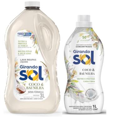 Imagem de Kit Girando Sol Coco & Baunilha Lava Roupas Líquido 3L Amaciante Concentrado + 1L Limpeza Profunda Maciez Perfume Aconchegante Rendimento de 50 Lavagens