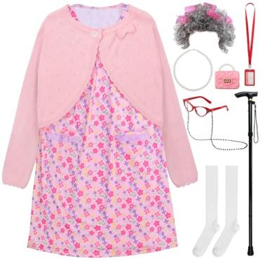 Imagem de JerrisApparel Conjunto de fantasia de avó para meninas, 100 dias de escola, cosplay de Halloween, rosa, 7-8 Anos