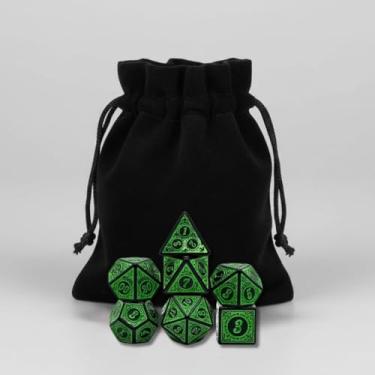 Imagem de Kit 7 Dados Rpg Verde Runas D&d Boardgames Jogos de Mesa D4 D6 D8 D10 D10% D12 D20 + Bolsa de Veludo