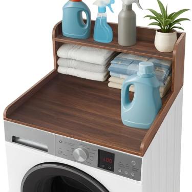 Imagem de Royxen Bancada de lavadora e secadora com prateleira, bancada de lavanderia de 2 camadas para uma única lavadora e secadora, topo de máquina de lavar roupa de madeira para organização de lavanderia
