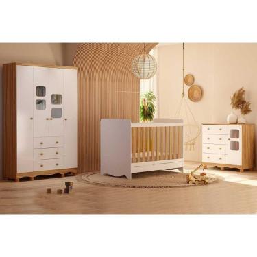 Imagem de Quarto Infantil Completo 3 Peças (1guardaroupa+1berço+1cômoda) Qi125 Branco-amendoa - Peroba