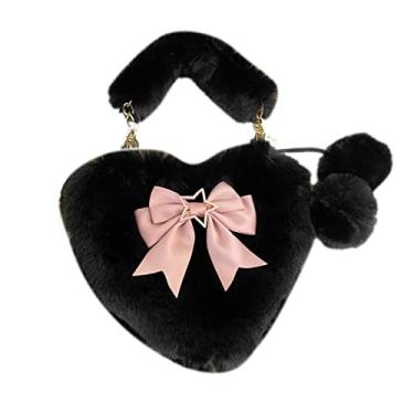 Imagem de Lolita Bolsa tiracolo de coração peludo feminina Kawaii fofa bolsa de ombro de pele sintética bolsa de mão com alça de corrente, Laço preto e rosa