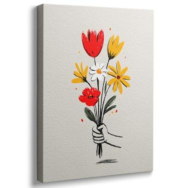 Imagem de Ypxzzj Arte de parede abstrata moderna de flores amarelas estilo desenho animado pintura em tela segurando buquê imagem pôster decoração de parede para sala de estar, quarto, escritório pronto para