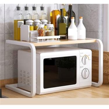 Imagem de VZQJHKMPXFS Suporte de micro-ondas de madeira com gaveta, organizador de armazenamento que economiza espaço, suporte de cozinha para sala de estar