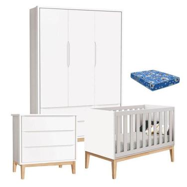 Imagem de Quarto De Bebê Classic 3 Portas Com Colchão E Cômoda Gaveteiro Branco Pés Madeira Natural - Reller