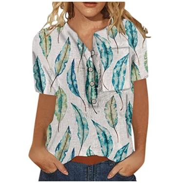 Imagem de Camisetas longas femininas com estampa floral folgada outono verão manga curta gola V camisa de linho feminina 2024 Y2K, K-470 Azul claro, M