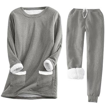 Imagem de Roupas femininas quentes, camisetas, calças, pijamas, conjuntos de pijama para mulheres, forrado com lã, combinando com lã, outono inverno 2024, B-875 Cinza, 3G