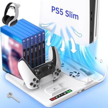 Imagem de Suporte para PS5 Slim, com ventilador de 3 níveis, suporte para fone de ouvido (apenas para 2023 PS5-Slim digital/disco)