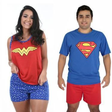 Imagem de Kit 2 Pijamas Casal Curto Personagem Super Man e Mulher Maravilha ou P
