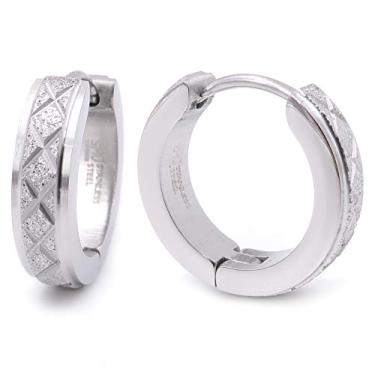 Imagem de Brincos de argola masculinos de aço inoxidável com listras cruzadas douradas e borda chanfrada de prata preta 16 mm