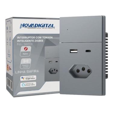 Imagem de Interruptor 1 Botão Com Tomada 10a Entrada Usb + Usb C Nova dIgital cinza Grafite