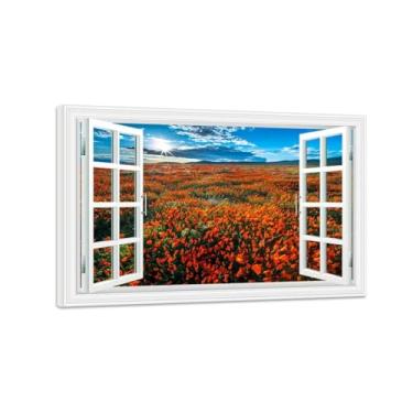 Imagem de MUHJDYC Imagem de janela falsa - impressões de arte de parede da natureza - linda flor vermelha pôr do sol pintura de paisagem pôsteres de janela falsa para escritório sala de estar pronto para