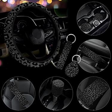 Imagem de JINGSEN 10 peças capa de volante de carro com estampa de leopardo console central almofada de apoio de braço capa de cinto de segurança capa de freio de mão chaveiro conjunto completo carro SUV (leopardo preto)