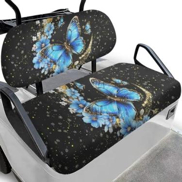 Imagem de Pirexcny Capas de assento de carrinho de golfe com estampa de borboleta estrelada para 2 passageiros capas de assento de carro de clube para todos os climas com sistema de alça de instalação rápida