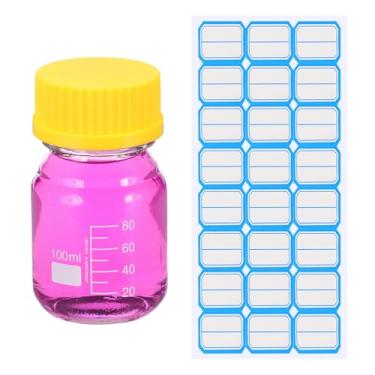 Imagem de PATIKIL Garrafas redondas de armazenamento de mídia, garrafas redondas graduadas de vidro espesso de 100 ml com tampa de rosca amarela GL45 para líquidos reagentes de água de laboratório, transparente