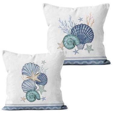 Imagem de QGFM Capas de almofada de concha de praia costeira 45,7 x 45,7 cm, decoração de quarto de praia, azul costeiro, estrela-do-mar, coral, decoração de quarto, conjunto de 2