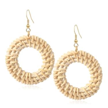 Imagem de QUPENGXU Brincos geométricos Handmande pendentes de vime de vime boêmio para mulheres, trumpet, Rattan, Sem pedra preciosa