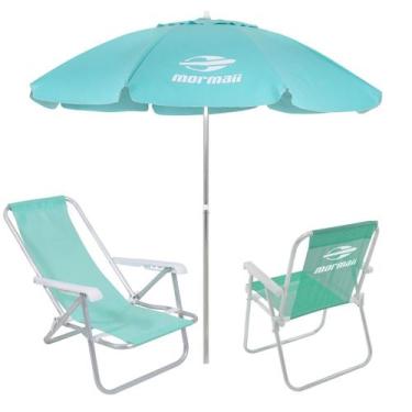 Imagem de Kit 2 Cadeiras Alta e Reclinável Alumínio + Guarda Sol Bagum 2,4m Verd