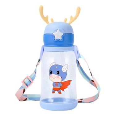 Imagem de Garrafa Infantil com Alça e Canudo Retrátil Estampa de Alce Colorido Ideal para Escola e Passeios (Azul)