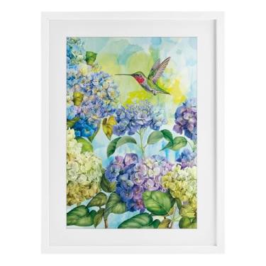 Imagem de Stupell Industries Hortênsias de primavera com beija-flor branco impressão emoldurada sob vidro design por Tim Coffey, 20 x 14