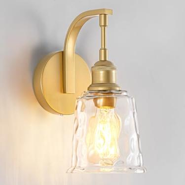 Imagem de 1 luminária dourada de parede para banheiro, luminária de montagem na parede com sombra de vidro texturizado E26 Lâmpada de parede interna para sala de estar, cozinha, quarto, decoração de casa