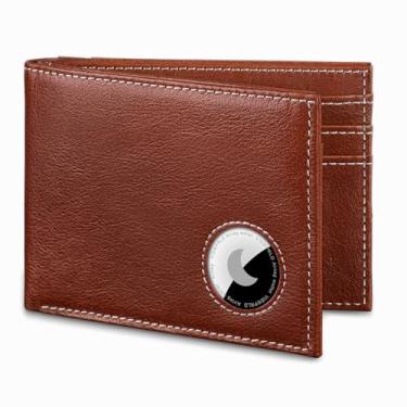 Imagem de VISWORLD Carteira masculina com suporte para AirTag, carteira dupla de couro de flor integral para Apple Air Tag, carteira fina para homens com bloqueio RFID, 11 compartimentos para cartão, Marrom