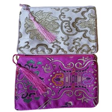 Imagem de Only My Live Home Bolsa de armazenamento de joias com zíper para viagem com borla bolsa grande de brocado de seda bolsa de tecido para celular maquiagem floral (rosa e fúcsia (2 peças de padrão