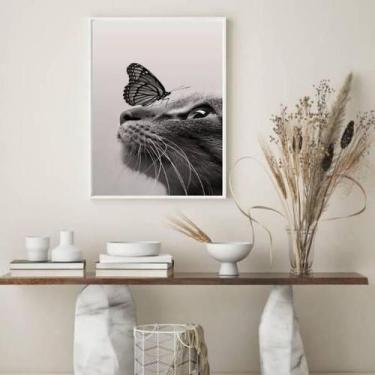 Imagem de Quadro Decorativo Gato Com Borboleta 33X24 Com Vidro Branca - Quadros 