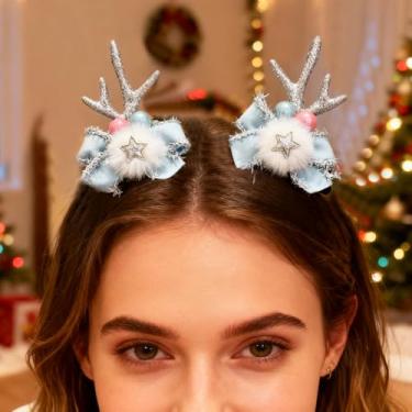 Imagem de Grampos de cabelo prateados de Natal para mulheres, presentes de Natal para ela, acessórios de cabelo de Natal, decoração, chifres de rena, grampos de cabelo de chifre de alce, presilhas de chifres de