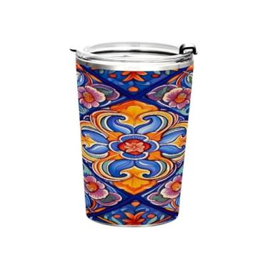Imagem de Blueangle Copo de 340 g com tampa e canudo, copo de café com água isolada a vácuo de aço inoxidável, caneca térmica de cerâmica mexicana para bebidas quentes e frias (135)