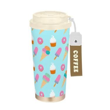 Imagem de SEHANY Caneca de viagem de sorvete fofa de 500 ml Copos de café reutilizáveis revestidos de cerâmica com tampa à prova de vazamento, parede dupla, isolamento a vácuo, copo de café de aço inoxidável